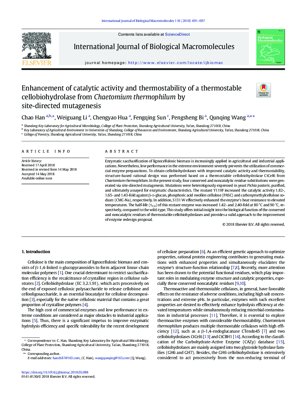 Enhancement of catalytic activity and thermostability of a thermostable cellobiohydrolase from Chaetomium thermophilum by site-directed mutagenesis