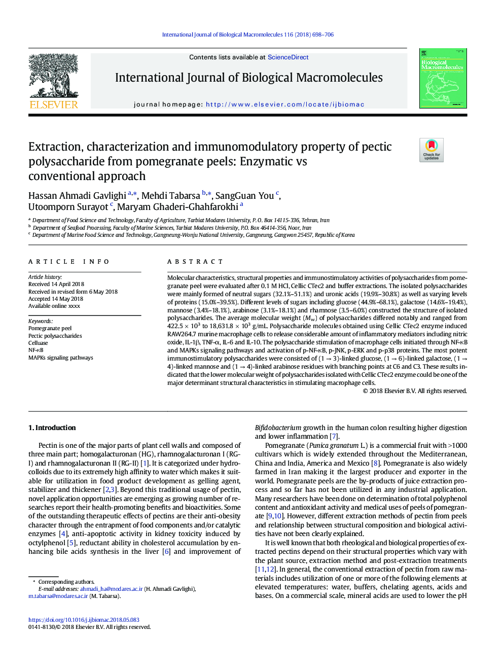 Extraction, characterization and immunomodulatory property of pectic polysaccharide from pomegranate peels: Enzymatic vs conventional approach