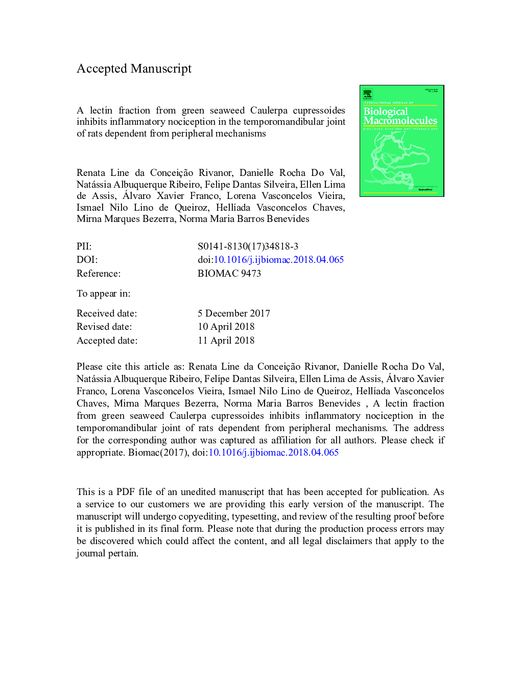 A lectin fraction from green seaweed Caulerpa cupressoides inhibits inflammatory nociception in the temporomandibular joint of rats dependent from peripheral mechanisms