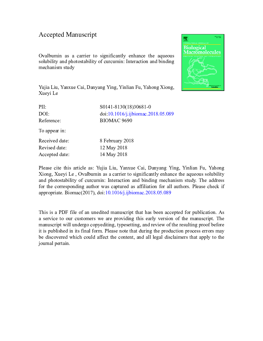 Ovalbumin as a carrier to significantly enhance the aqueous solubility and photostability of curcumin: Interaction and binding mechanism study