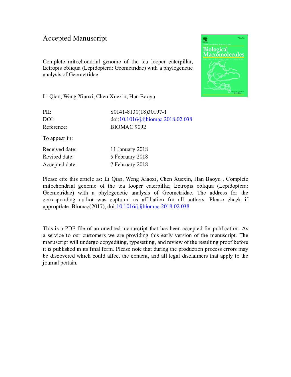 Complete mitochondrial genome of the tea looper caterpillar, Ectropis obliqua (Lepidoptera: Geometridae) with a phylogenetic analysis of Geometridae