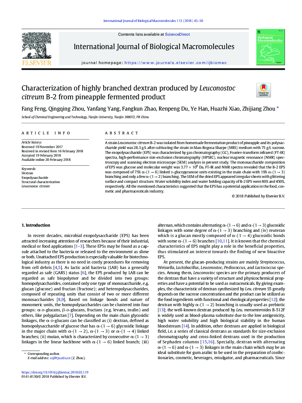 Characterization of highly branched dextran produced by Leuconostoc citreum B-2 from pineapple fermented product