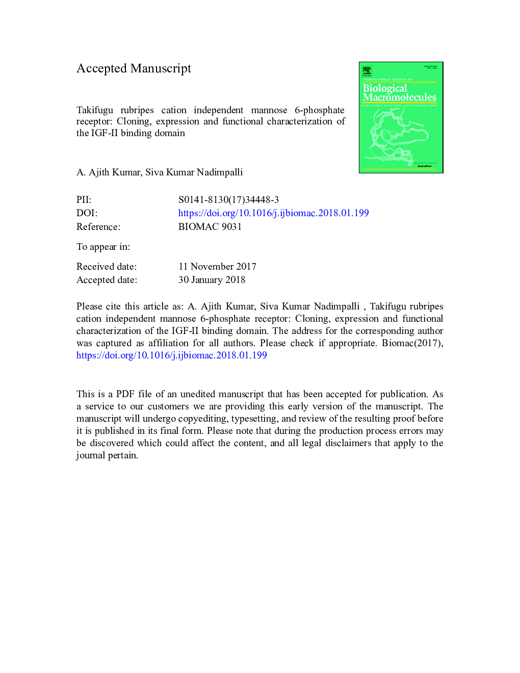 Takifugu rubripes cation independent mannose 6-phosphate receptor: Cloning, expression and functional characterization of the IGF-II binding domain