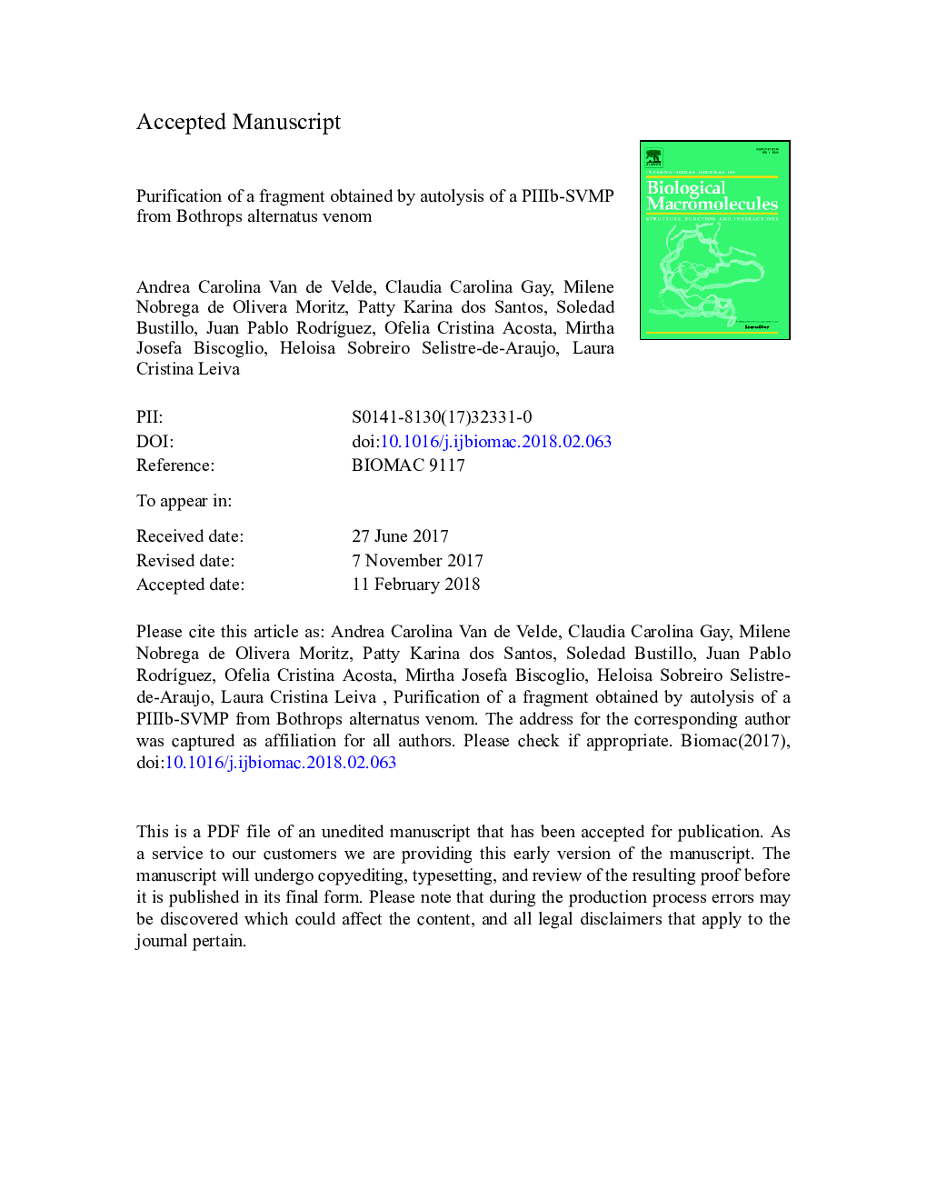 Purification of a fragment obtained by autolysis of a PIIIb-SVMP from Bothrops alternatus venom