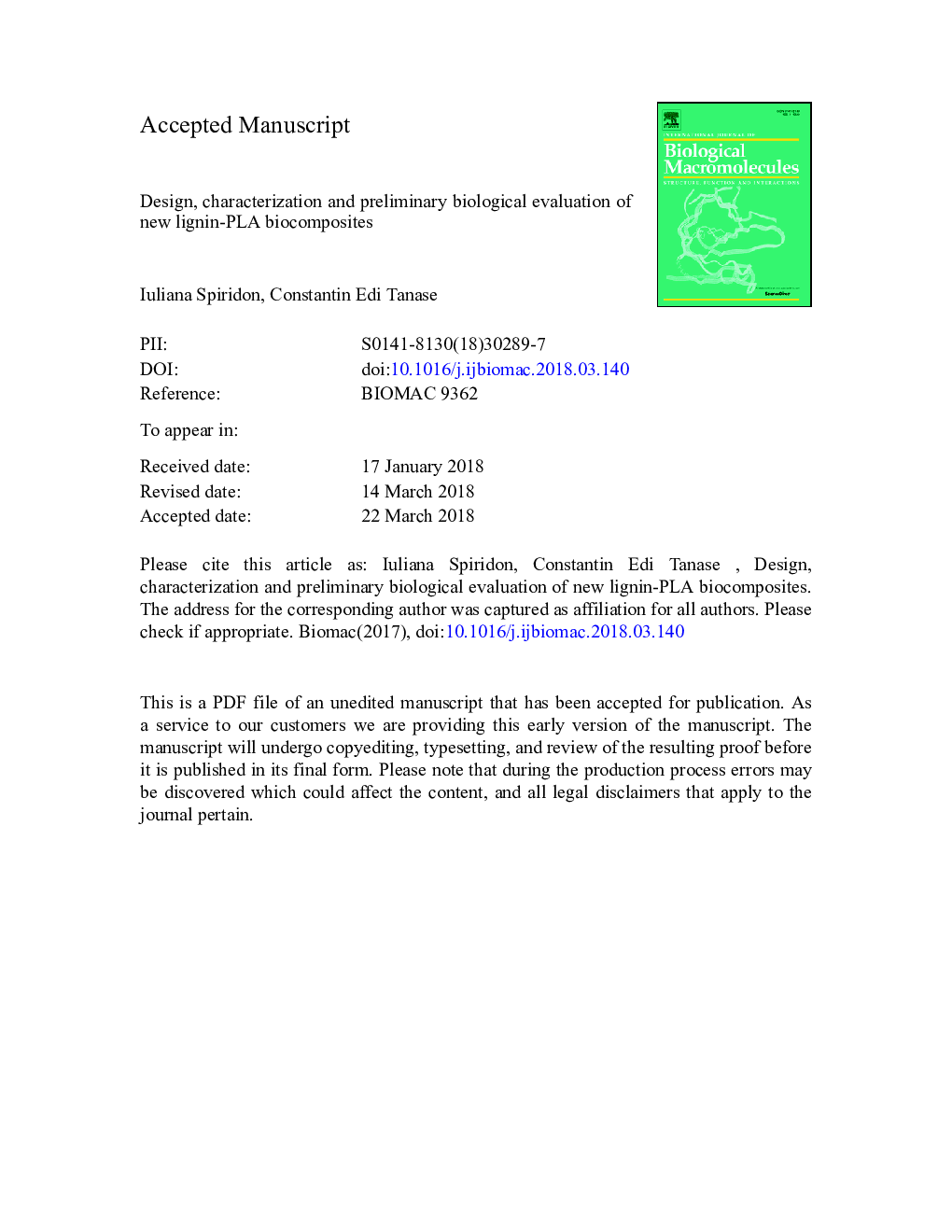 Design, characterization and preliminary biological evaluation of new lignin-PLA biocomposites