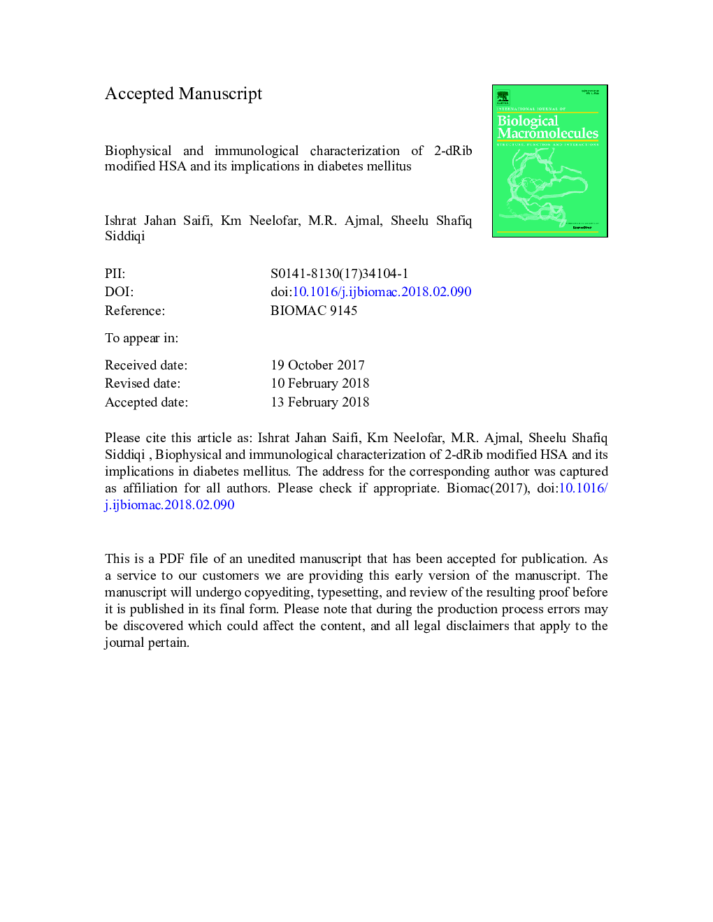 Biophysical and immunological characterization of 2-dRib modified HSA and its implications in diabetes mellitus