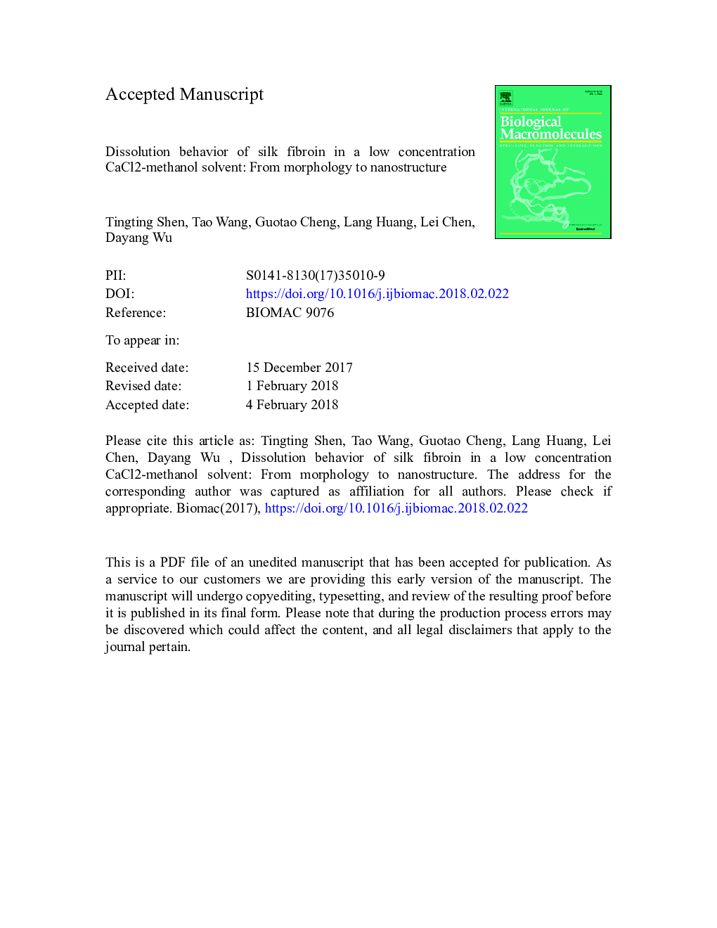 Dissolution behavior of silk fibroin in a low concentration CaCl2-methanol solvent: From morphology to nanostructure