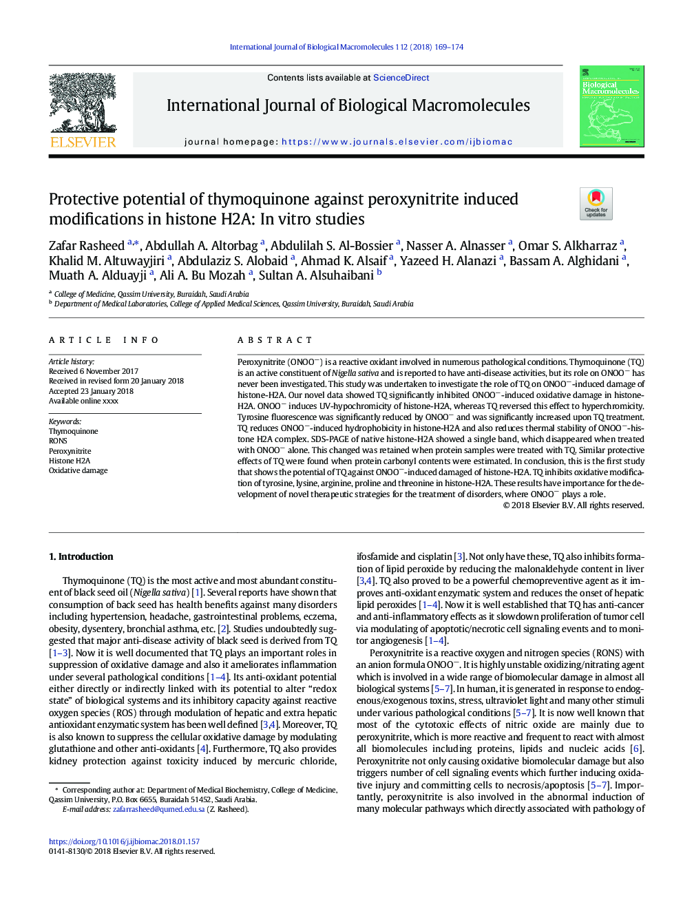 Protective potential of thymoquinone against peroxynitrite induced modifications in histone H2A: In vitro studies