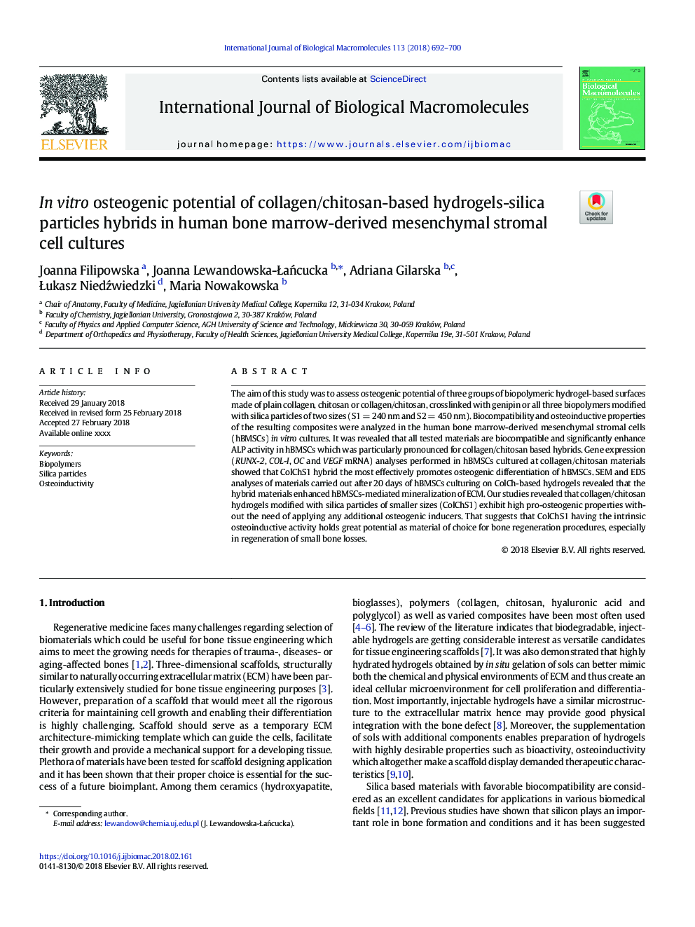عکس صفحه اول مقاله: In vitro osteogenic potential of collagen/chitosan-based hydrogels-silica particles hybrids in human bone marrow-derived mesenchymal stromal cell cultures In vitro osteogenic potential of collagen/chitosan-based hydrogels-silica particles hybrids in human bone marrow-derived mesenchymal stromal cell cultures