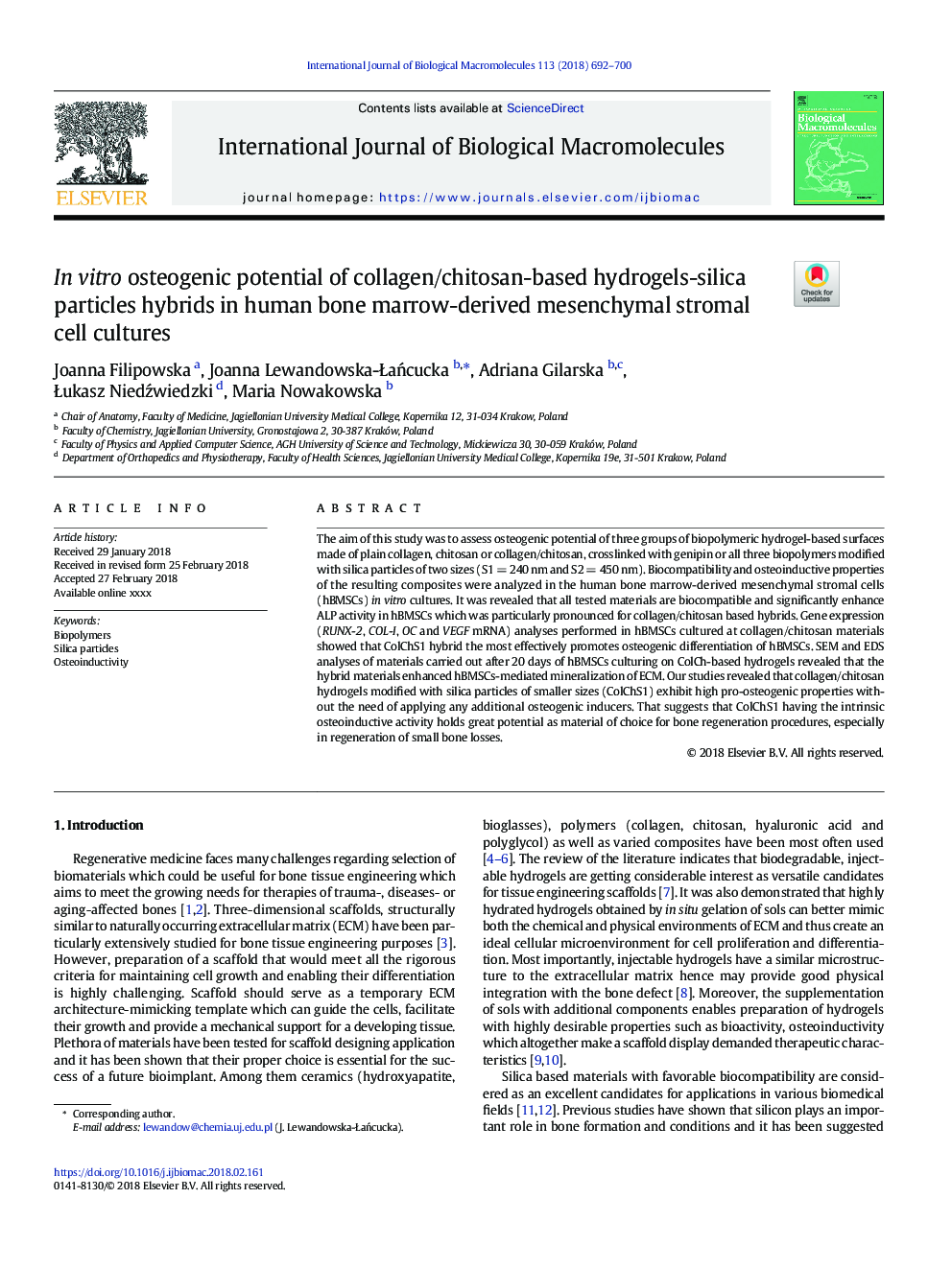 In vitro osteogenic potential of collagen/chitosan-based hydrogels-silica particles hybrids in human bone marrow-derived mesenchymal stromal cell cultures