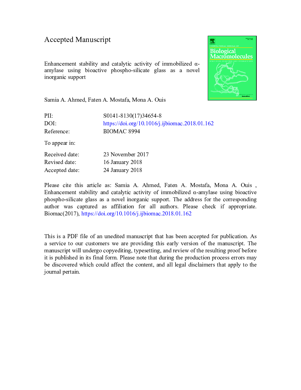 عکس صفحه اول مقاله: Enhancement stability and catalytic activity of immobilized α-amylase using bioactive phospho-silicate glass as a novel inorganic support Enhancement stability and catalytic activity of immobilized α-amylase using bioactive phospho-silicate glass as a novel inorganic support