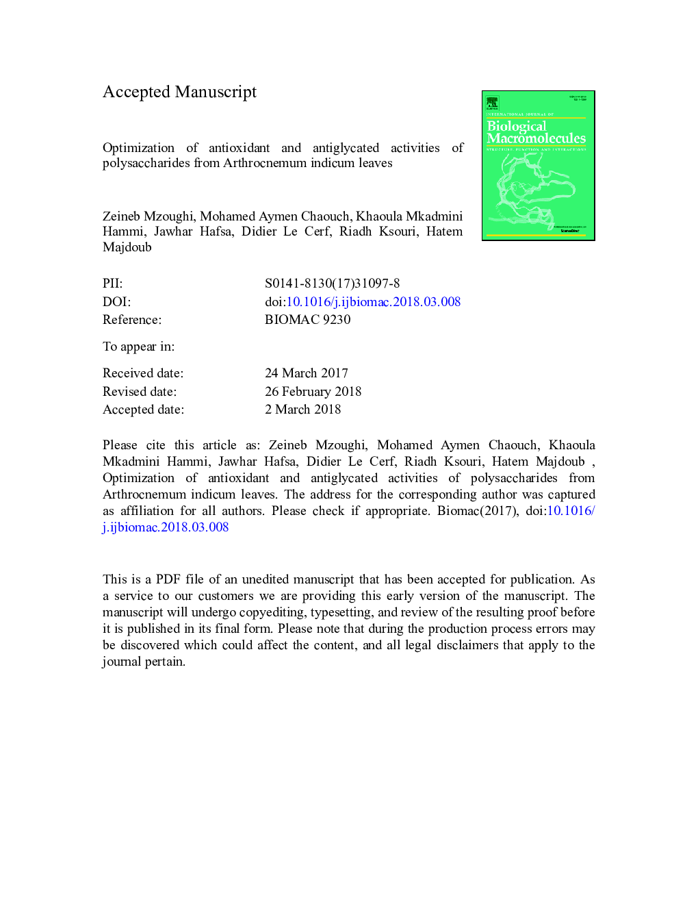 Optimization of antioxidant and antiglycated activities of polysaccharides from Arthrocnemum indicum leaves