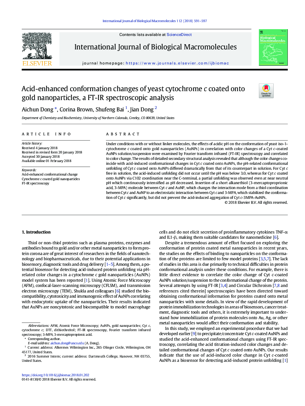 Acid-enhanced conformation changes of yeast cytochrome c coated onto gold nanoparticles, a FT-IR spectroscopic analysis