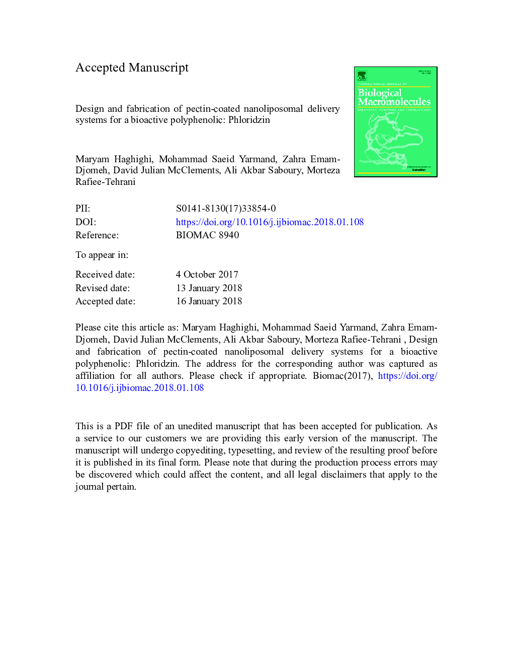 Design and fabrication of pectin-coated nanoliposomal delivery systems for a bioactive polyphenolic: Phloridzin