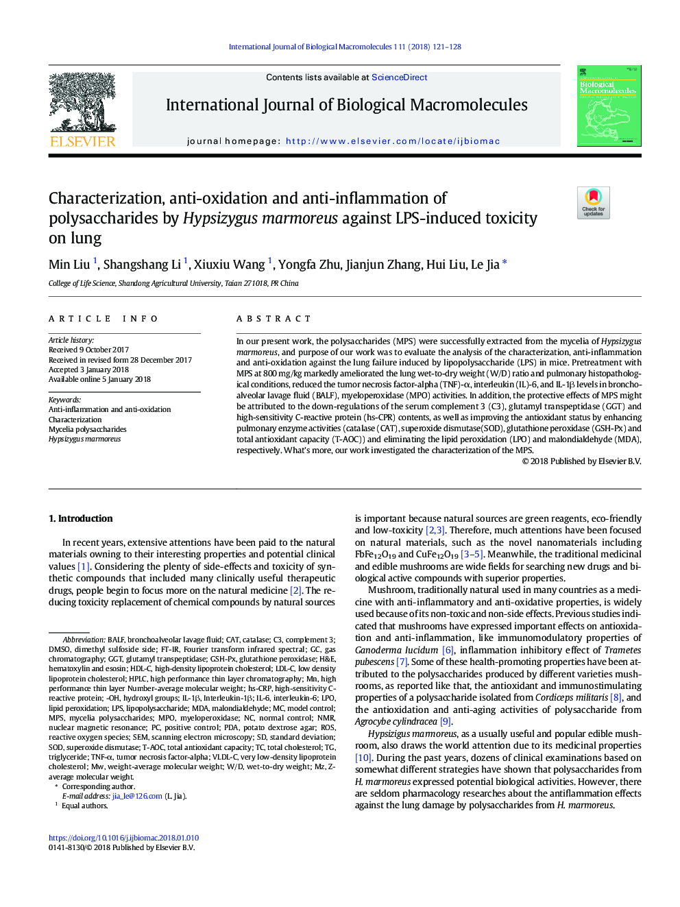 Characterization, anti-oxidation and anti-inflammation of polysaccharides by Hypsizygus marmoreus against LPS-induced toxicity on lung