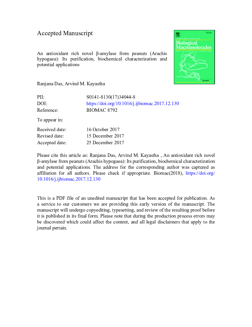 An antioxidant rich novel Î²-amylase from peanuts (Arachis hypogaea): Its purification, biochemical characterization and potential applications