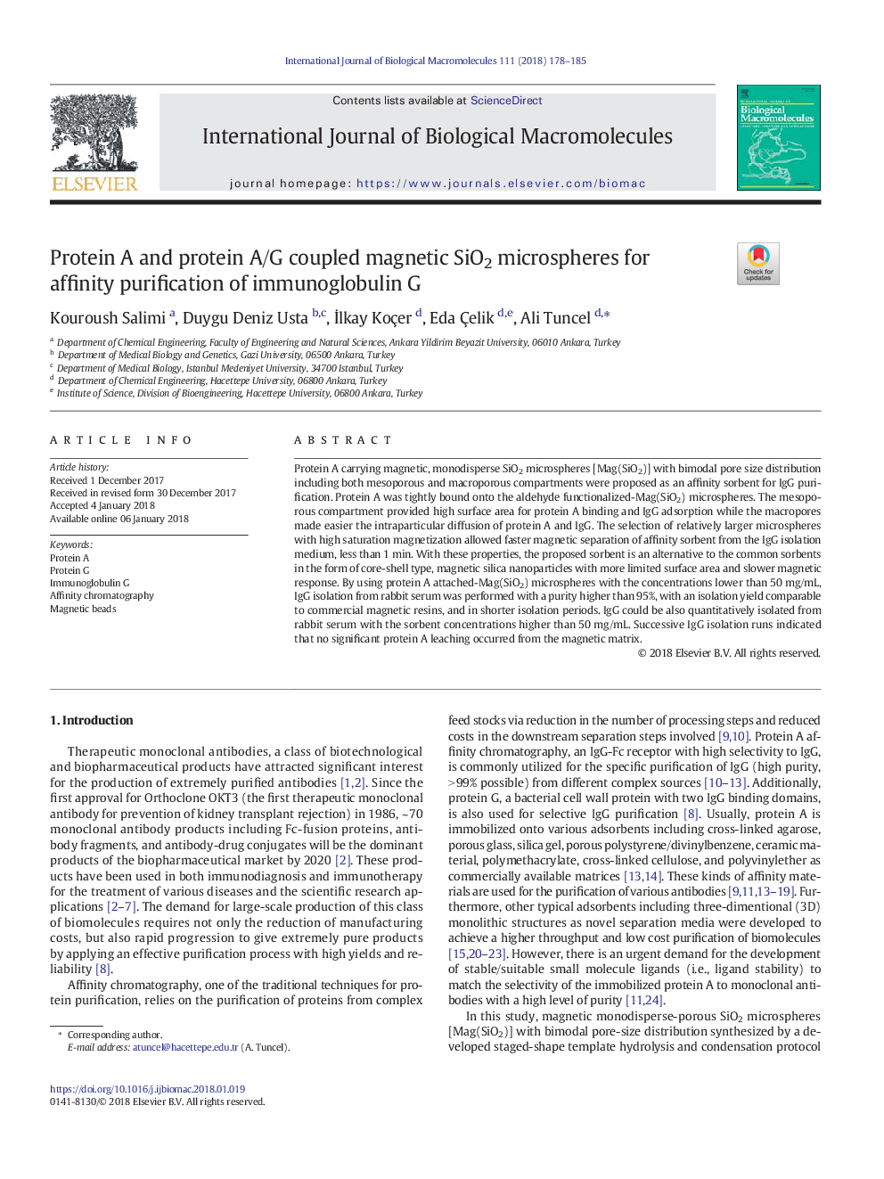 Protein A and protein A/G coupled magnetic SiO2 microspheres for affinity purification of immunoglobulin G