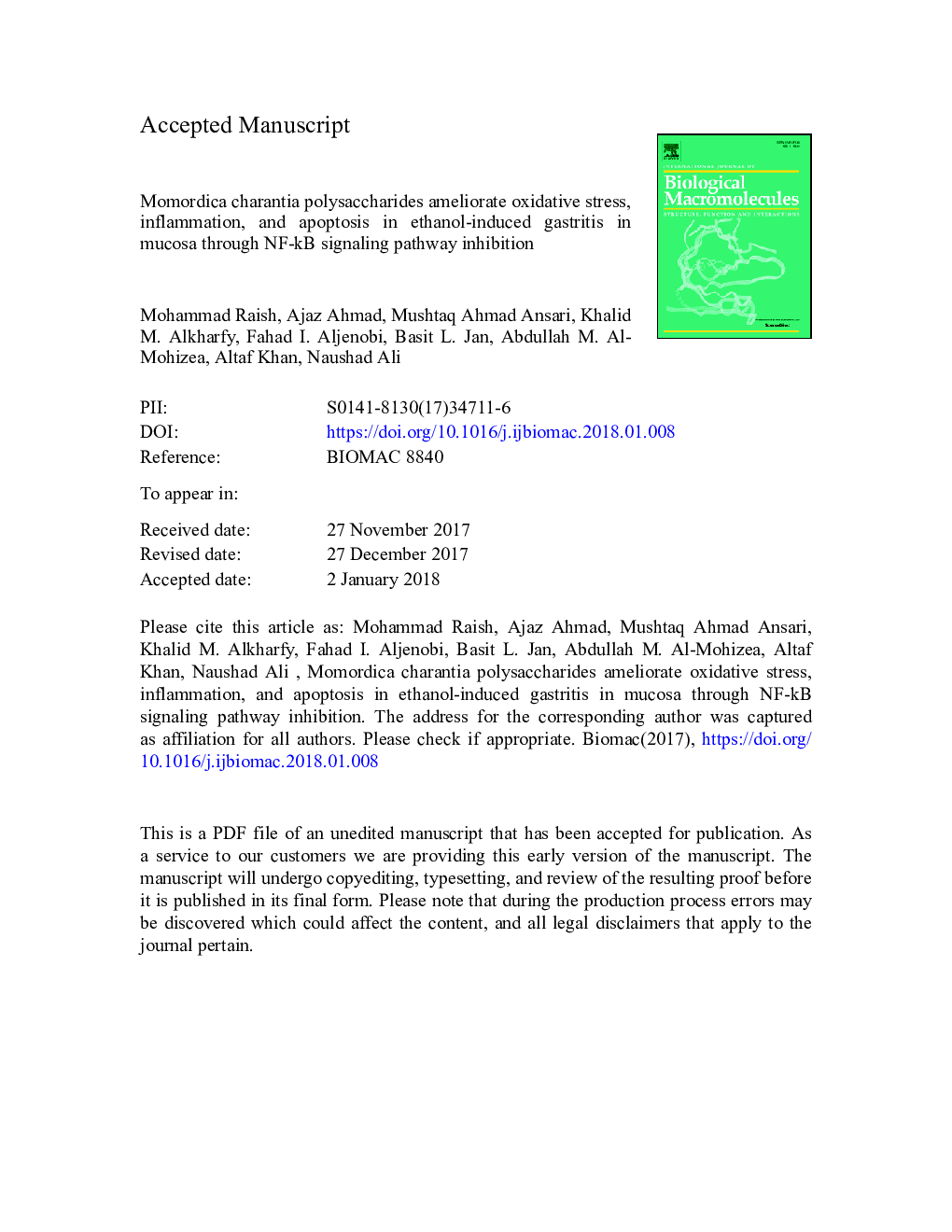 Momordica charantia polysaccharides ameliorate oxidative stress, inflammation, and apoptosis in ethanol-induced gastritis in mucosa through NF-kB signaling pathway inhibition