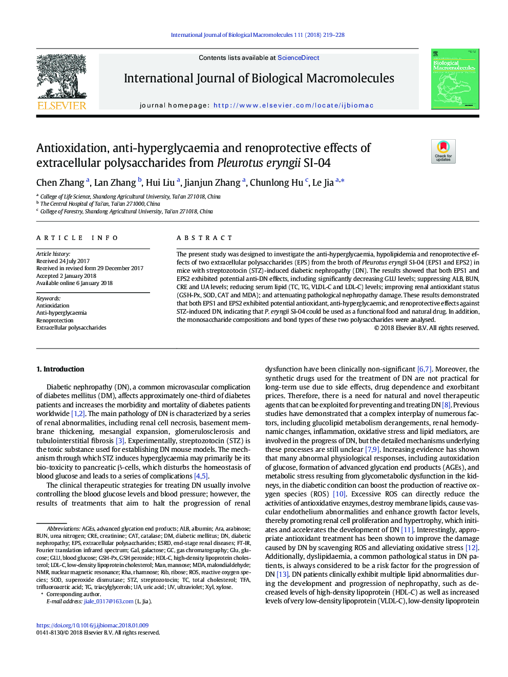 Antioxidation, anti-hyperglycaemia and renoprotective effects of extracellular polysaccharides from Pleurotus eryngii SI-04