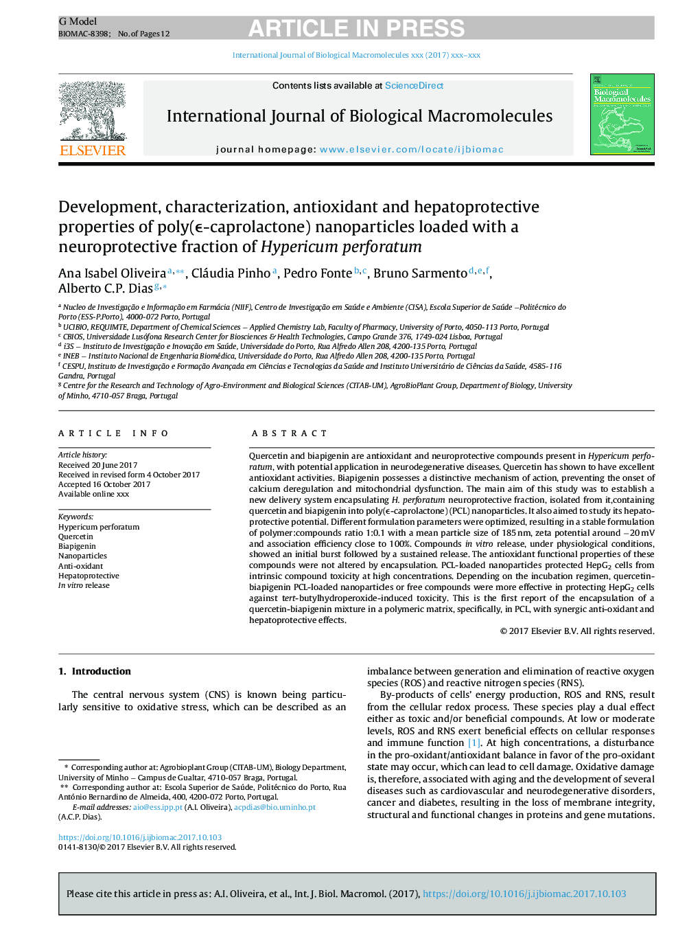 Development, characterization, antioxidant and hepatoprotective properties of poly(Æ-caprolactone) nanoparticles loaded with a neuroprotective fraction of Hypericum perforatum