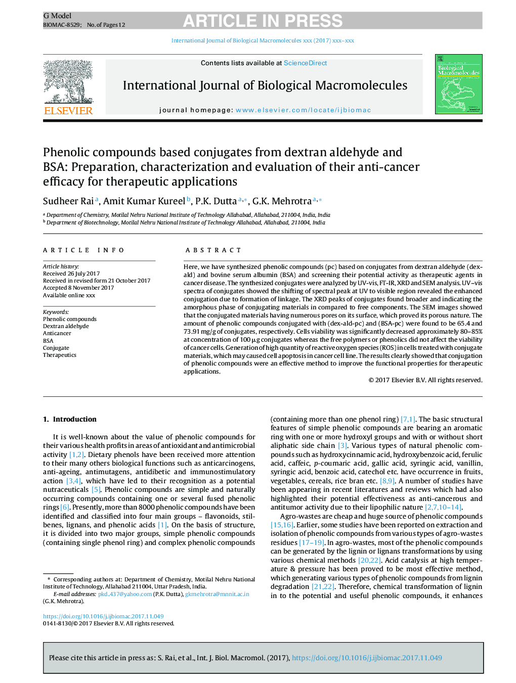 Phenolic compounds based conjugates from dextran aldehyde and BSA: Preparation, characterization and evaluation of their anti-cancer efficacy for therapeutic applications