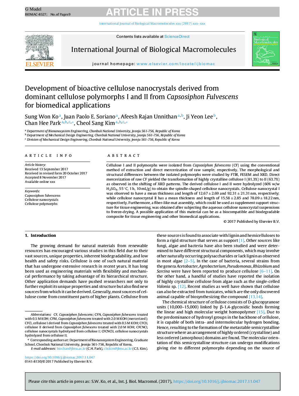 Development of bioactive cellulose nanocrystals derived from dominant cellulose polymorphs I and II from Capsosiphon Fulvescens for biomedical applications