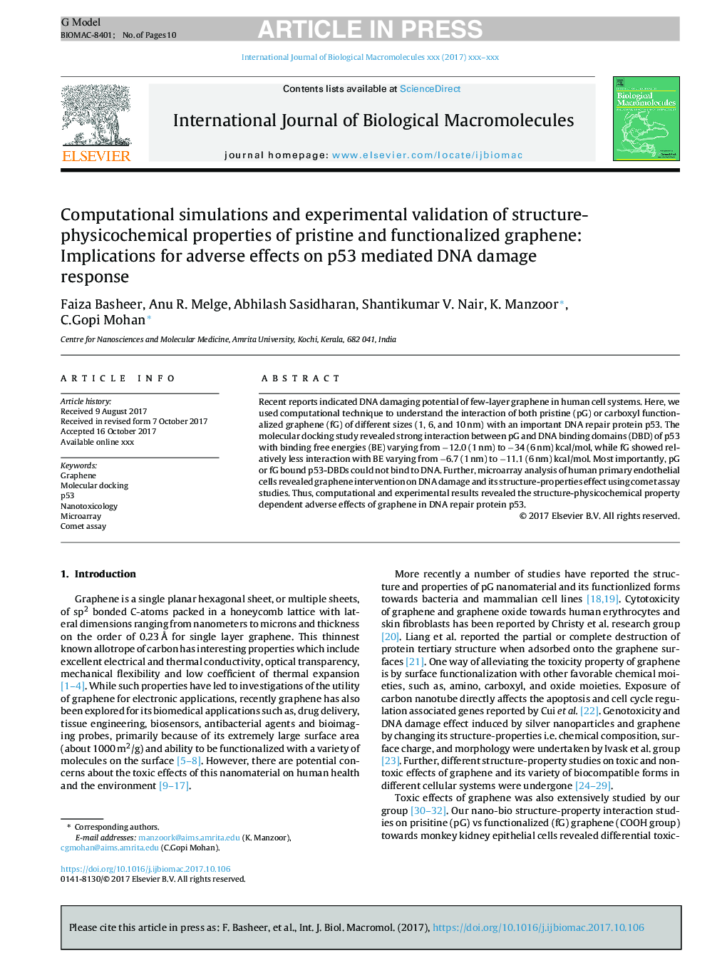 Computational simulations and experimental validation of structure- physicochemical properties of pristine and functionalized graphene: Implications for adverse effects on p53 mediated DNA damage response