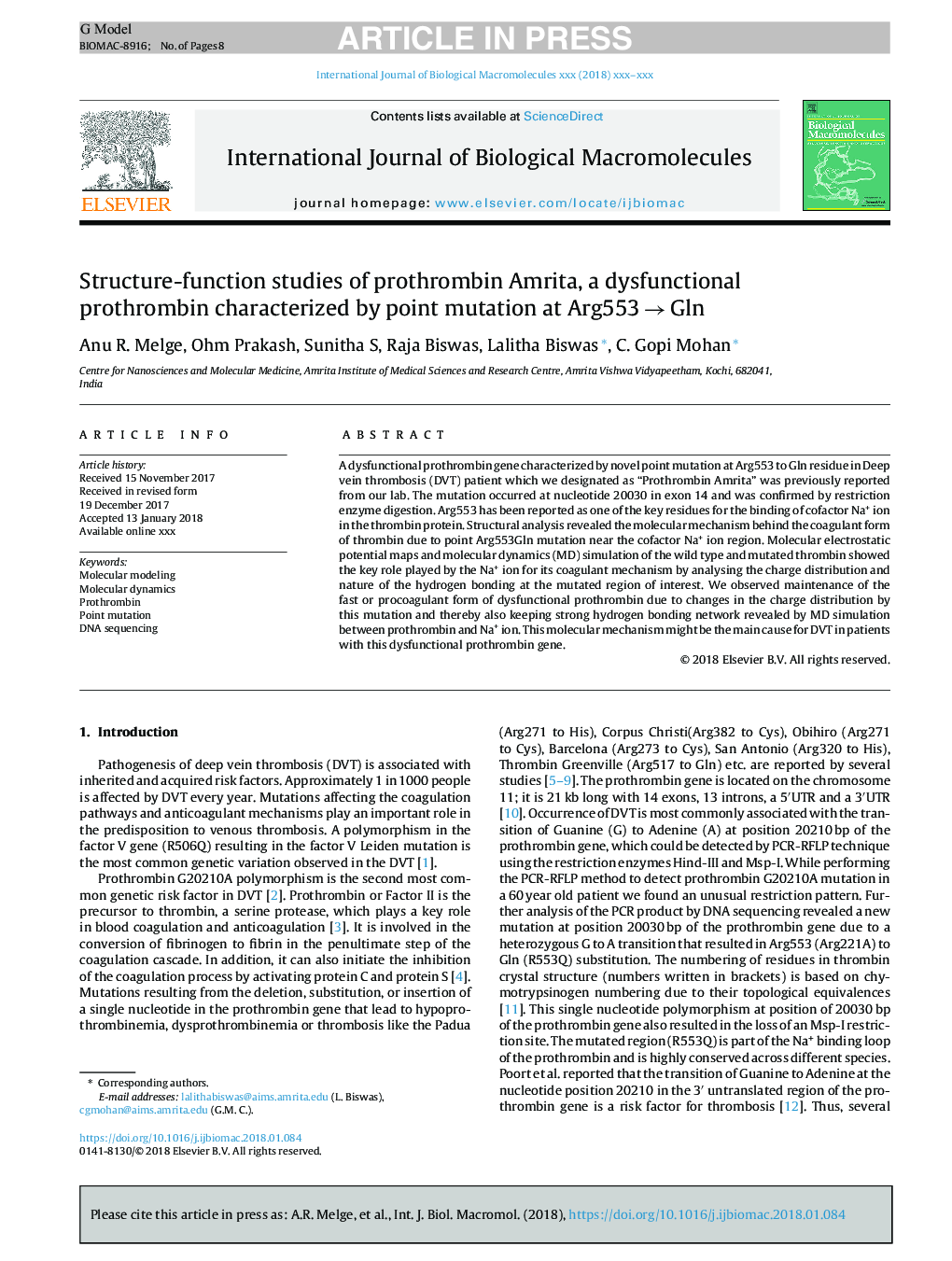 Structure-function studies of prothrombin Amrita, a dysfunctional prothrombin characterized by point mutation at Arg553â¯ââ¯Gln