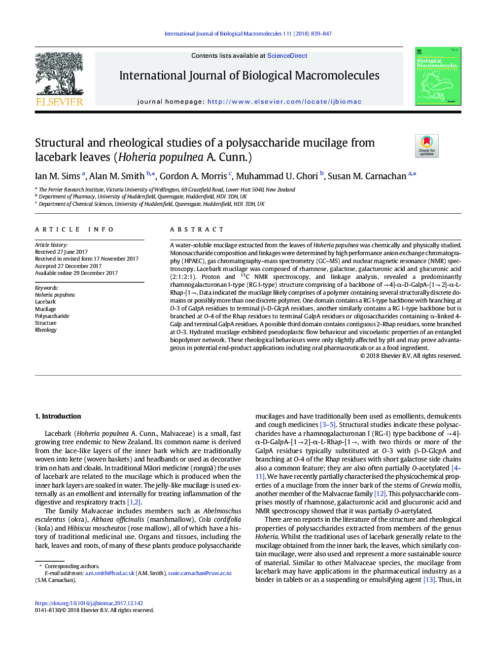 Structural and rheological studies of a polysaccharide mucilage from lacebark leaves (Hoheria populnea A. Cunn.)