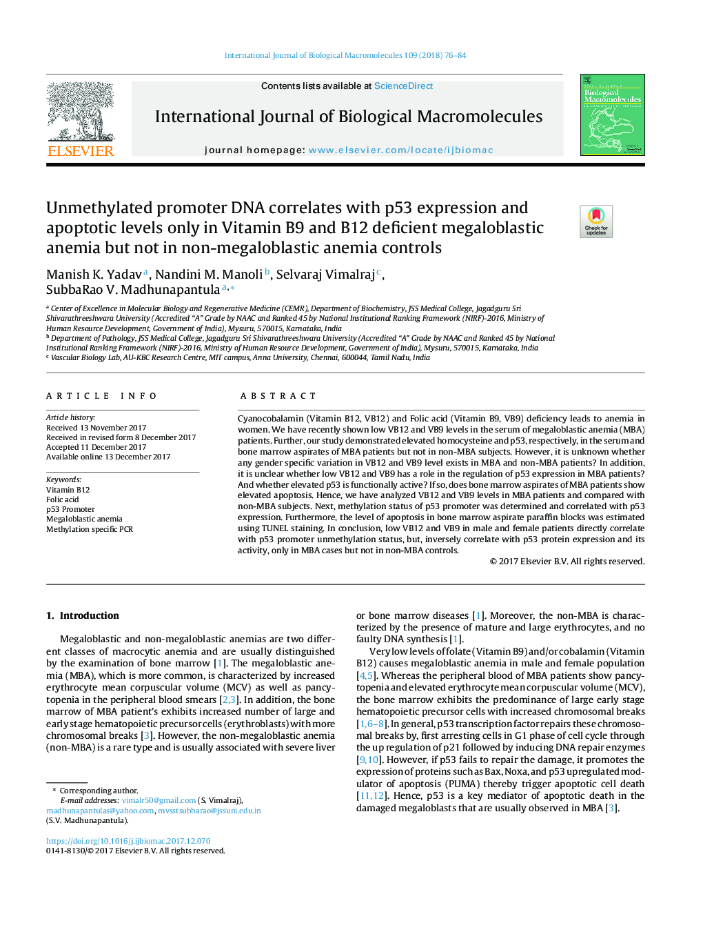 Unmethylated promoter DNA correlates with p53 expression and apoptotic levels only in Vitamin B9 and B12 deficient megaloblastic anemia but not in non-megaloblastic anemia controls