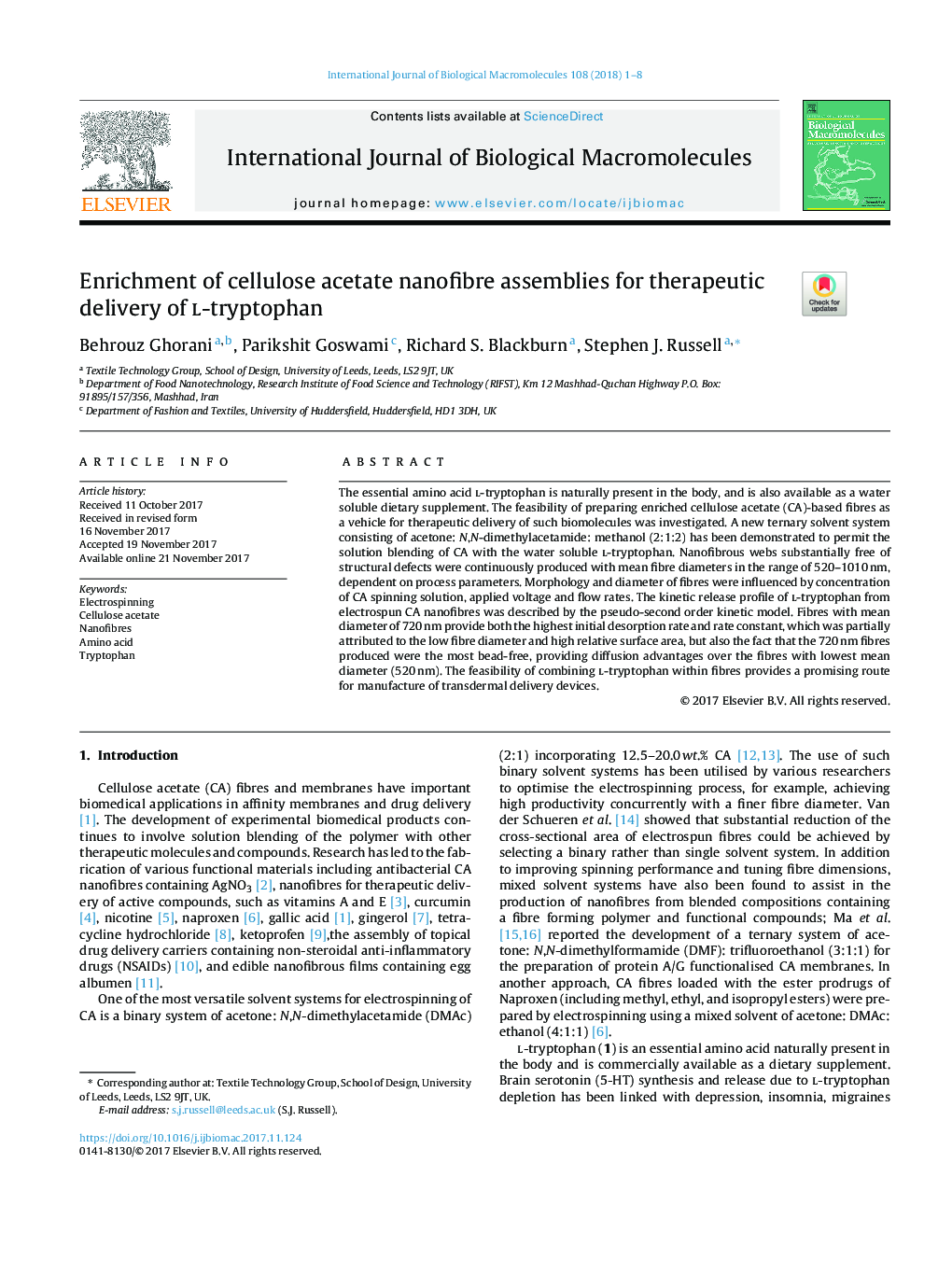 Enrichment of cellulose acetate nanofibre assemblies for therapeutic delivery of l-tryptophan