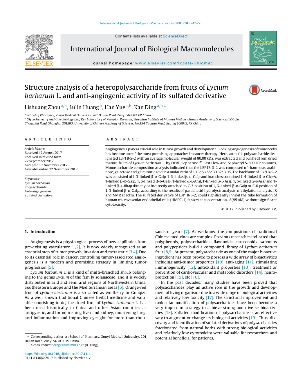 Structure analysis of a heteropolysaccharide from fruits of Lycium barbarum L. and anti-angiogenic activity of its sulfated derivative