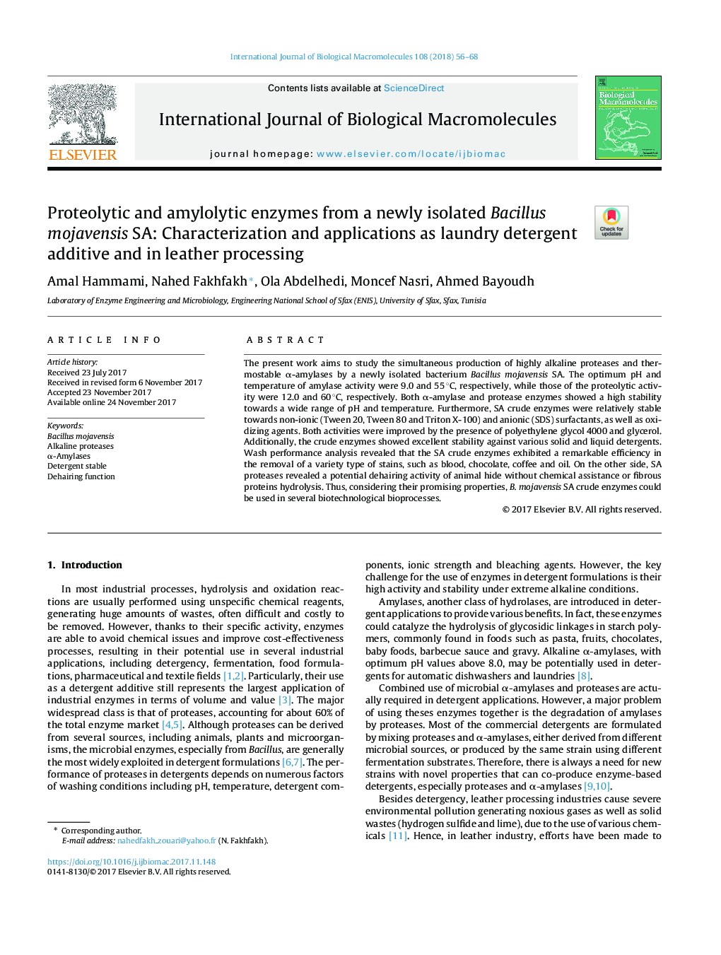 Proteolytic and amylolytic enzymes from a newly isolated Bacillus mojavensis SA: Characterization and applications as laundry detergent additive and in leather processing