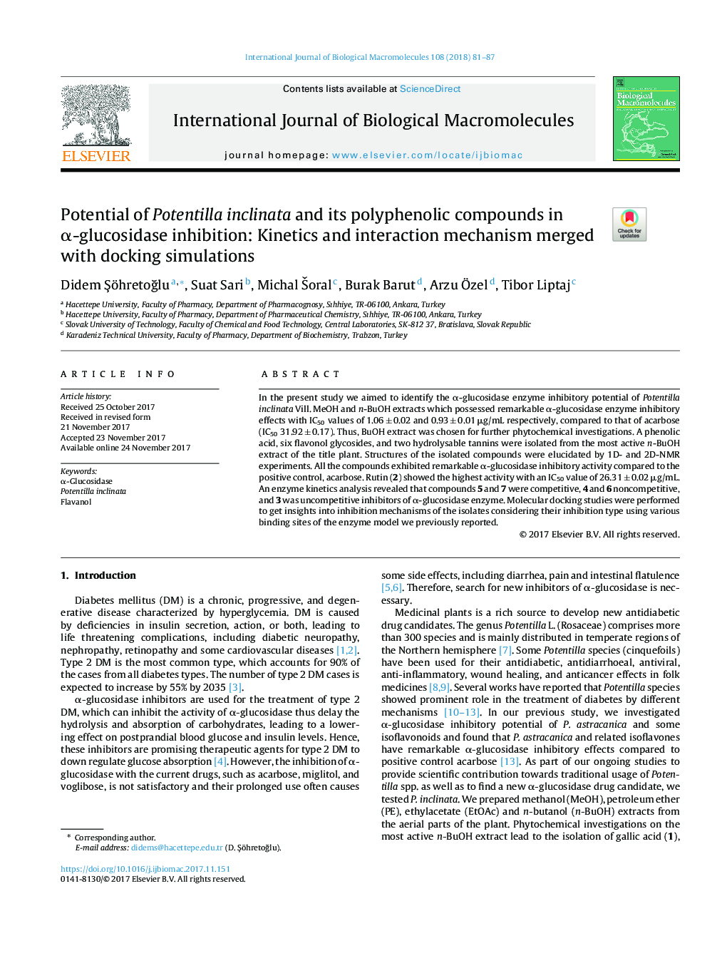 Potential of Potentilla inclinata and its polyphenolic compounds in Î±-glucosidase inhibition: Kinetics and interaction mechanism merged with docking simulations