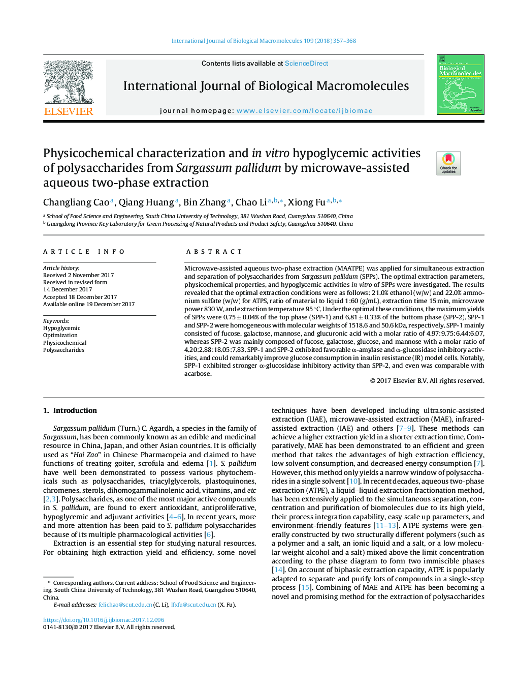 Physicochemical characterization and in vitro hypoglycemic activities of polysaccharides from Sargassum pallidum by microwave-assisted aqueous two-phase extraction