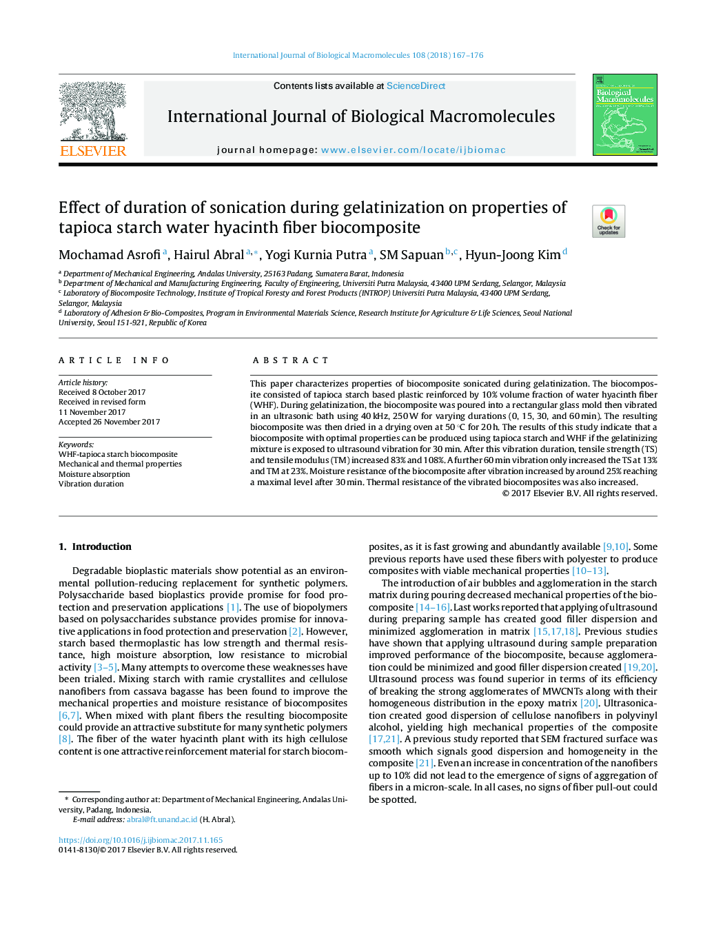 Effect of duration of sonication during gelatinization on properties of tapioca starch water hyacinth fiber biocomposite