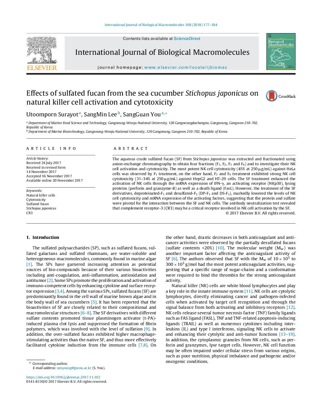 Effects of sulfated fucan from the sea cucumber Stichopus japonicus on natural killer cell activation and cytotoxicity