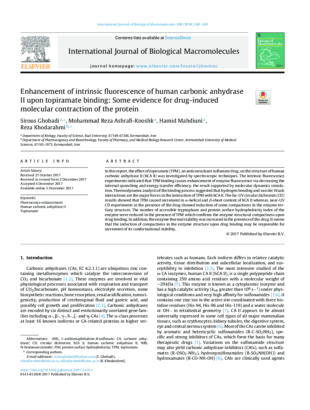 Enhancement of intrinsic fluorescence of human carbonic anhydrase II upon topiramate binding: Some evidence for drug-induced molecular contraction of the protein