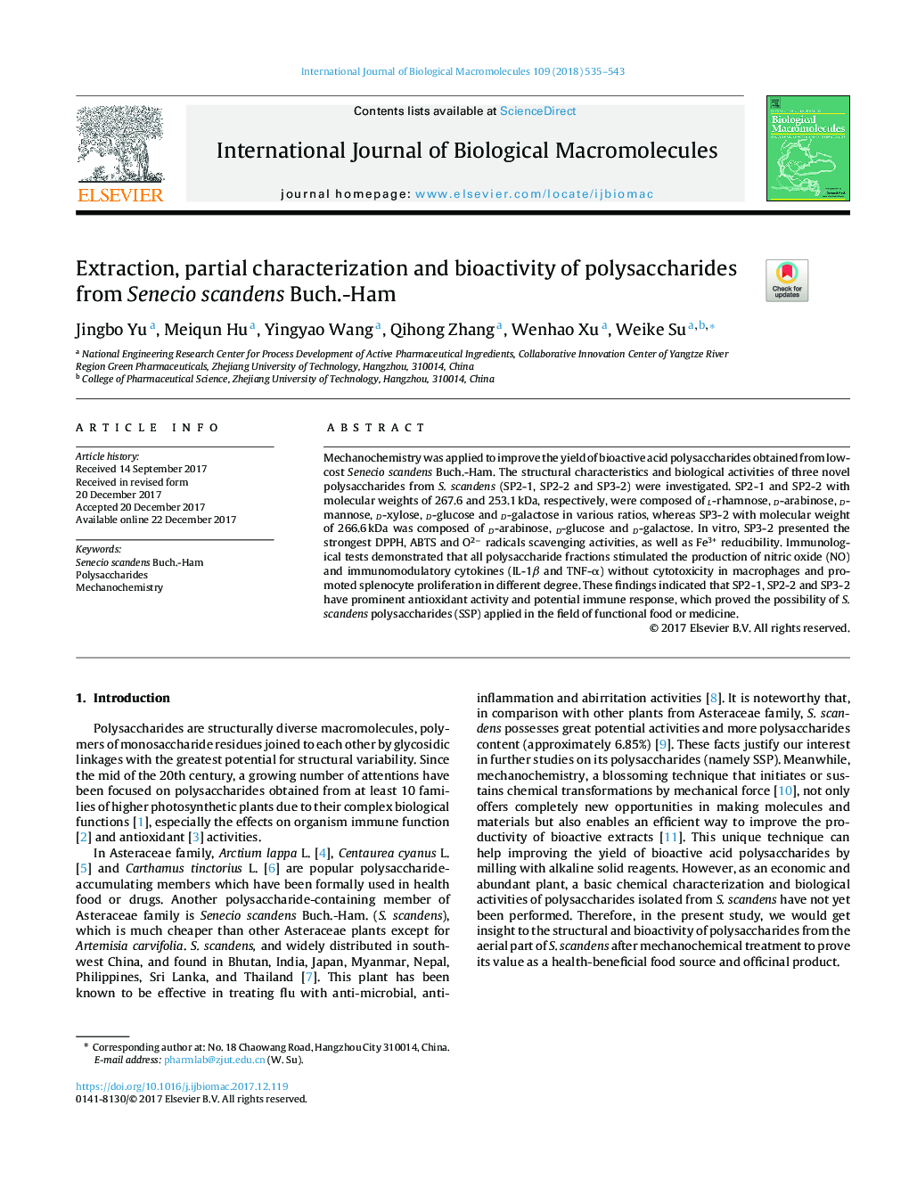 Extraction, partial characterization and bioactivity of polysaccharides from Senecio scandens Buch.-Ham