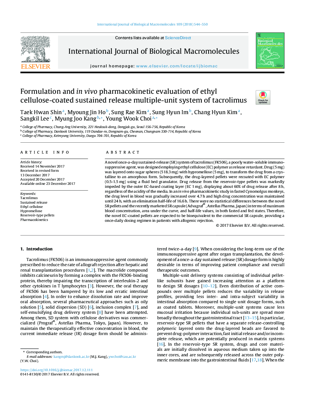 Formulation and in vivo pharmacokinetic evaluation of ethyl cellulose-coated sustained release multiple-unit system of tacrolimus