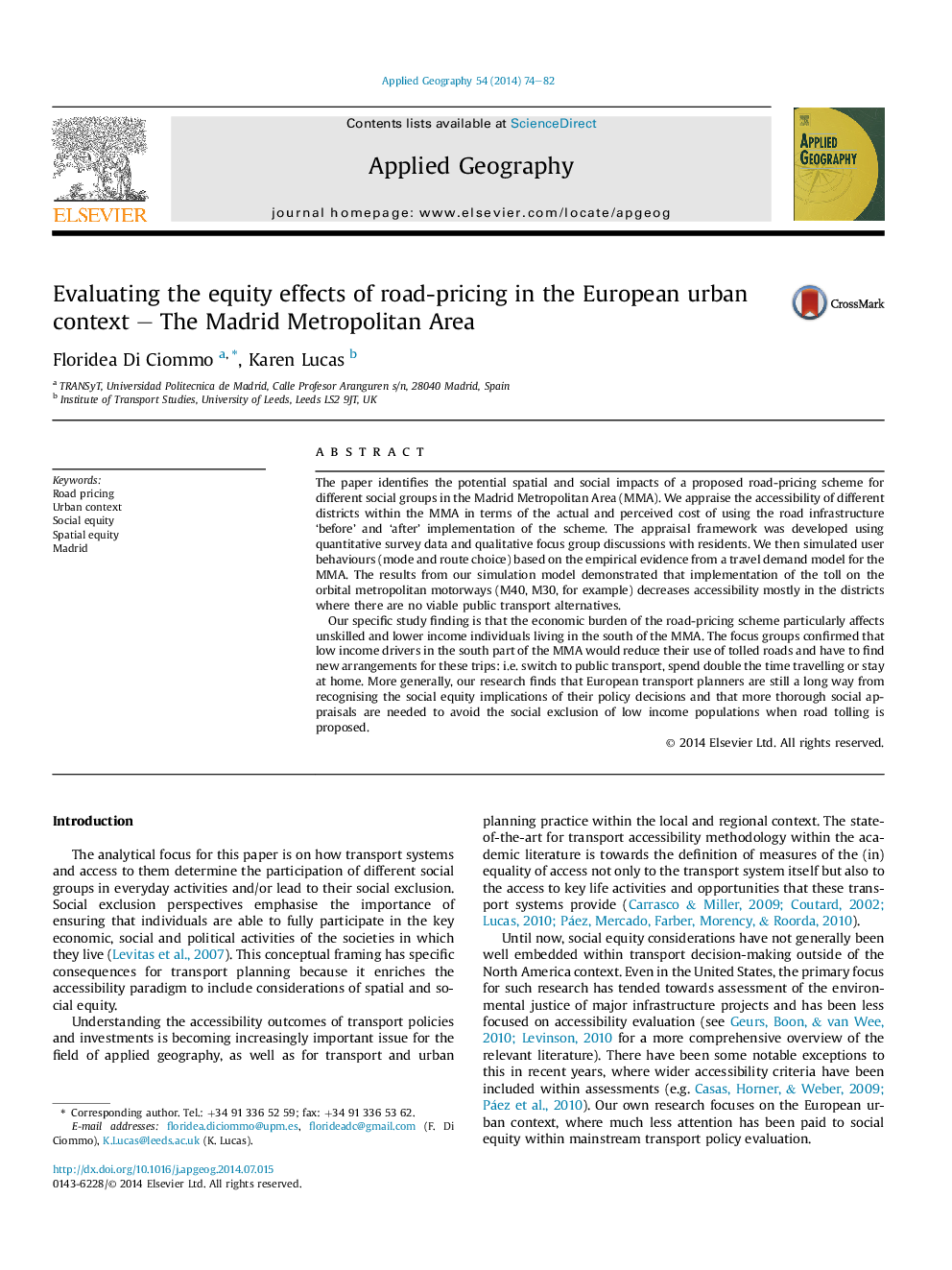 Evaluating the equity effects of road-pricing in the European urban context – The Madrid Metropolitan Area