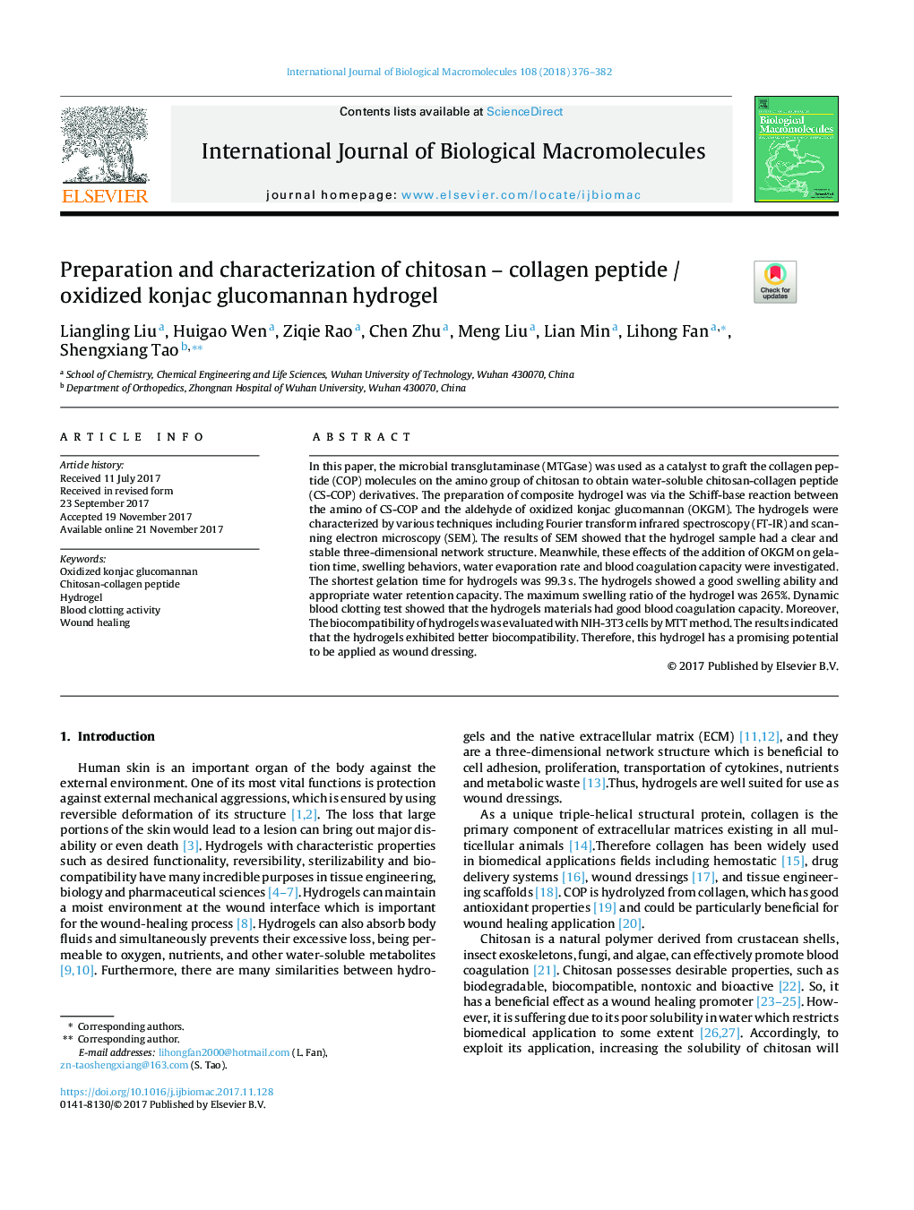 Preparation and characterization of chitosan - collagen peptide / oxidized konjac glucomannan hydrogel