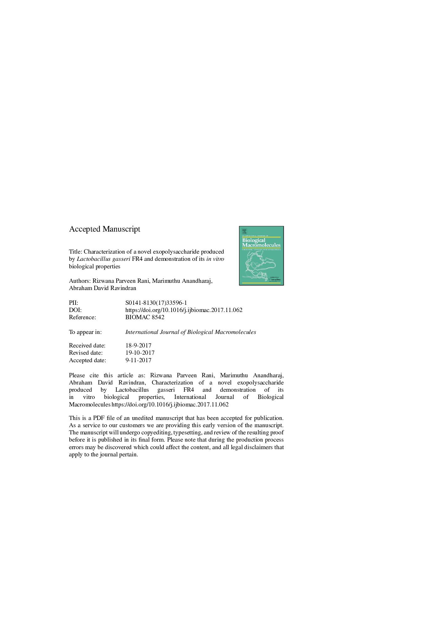 Characterization of a novel exopolysaccharide produced by Lactobacillus gasseri FR4 and demonstration of its in vitro biological properties