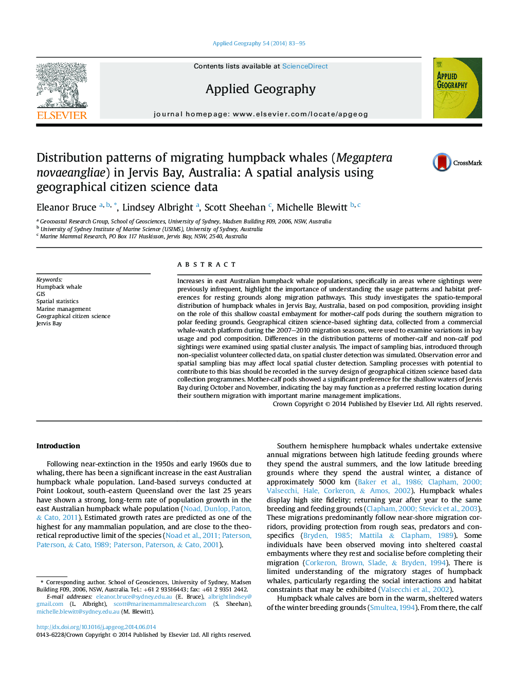 Distribution patterns of migrating humpback whales (Megaptera novaeangliae) in Jervis Bay, Australia: A spatial analysis using geographical citizen science data