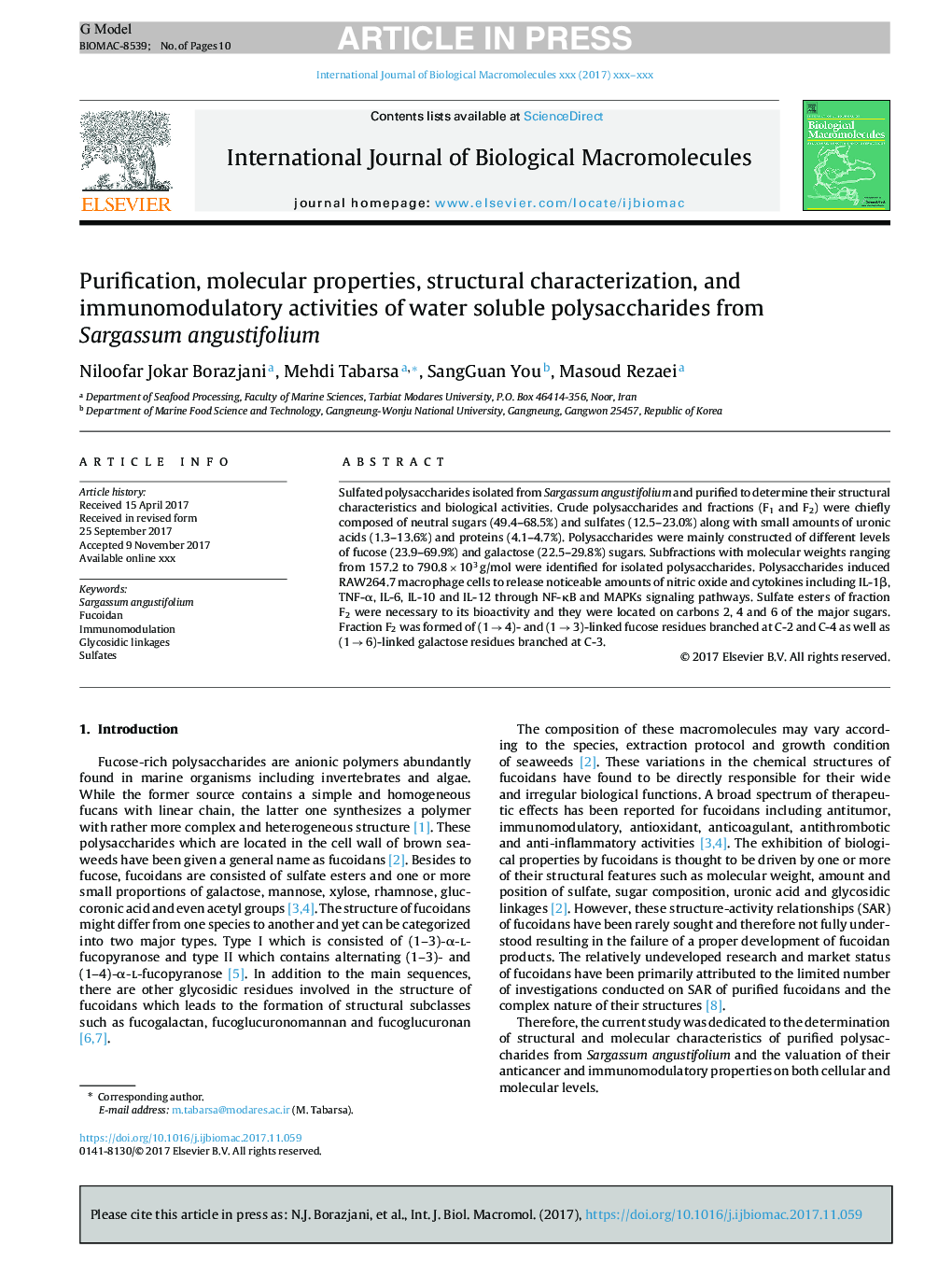 Purification, molecular properties, structural characterization, and immunomodulatory activities of water soluble polysaccharides from Sargassum angustifolium