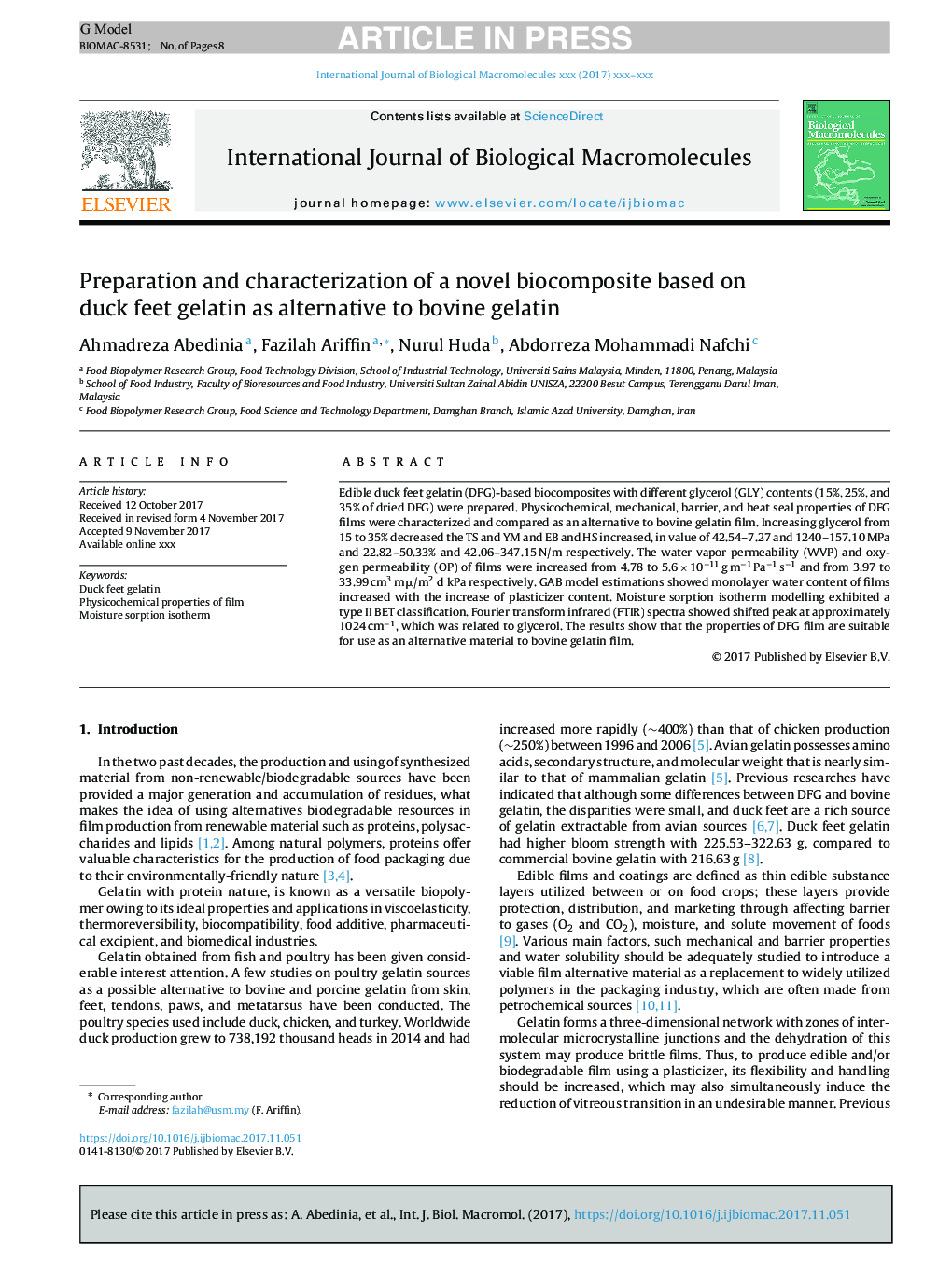 Preparation and characterization of a novel biocomposite based on duck feet gelatin as alternative to bovine gelatin