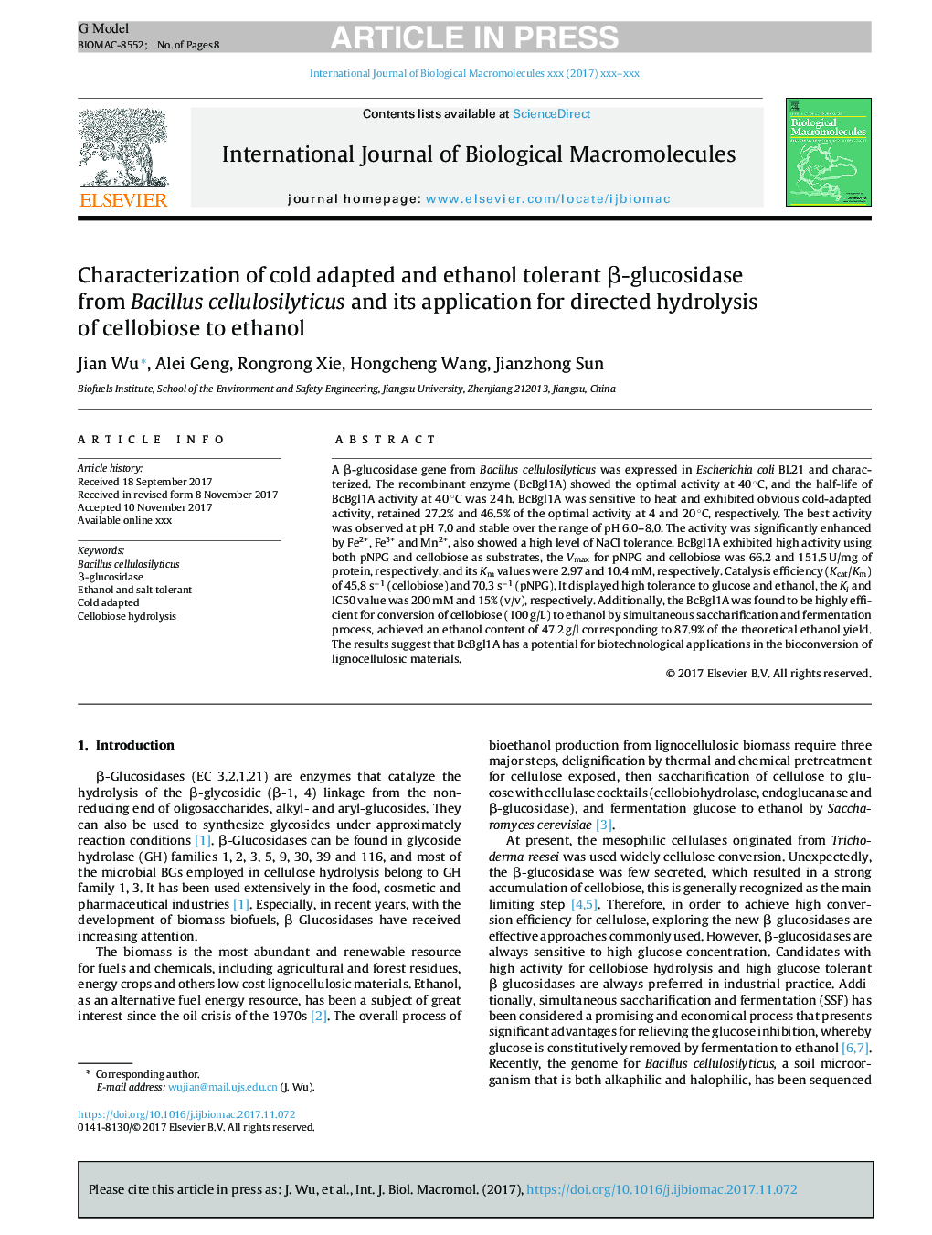 Characterization of cold adapted and ethanol tolerant Î²-glucosidase from Bacillus cellulosilyticus and its application for directed hydrolysis of cellobiose to ethanol