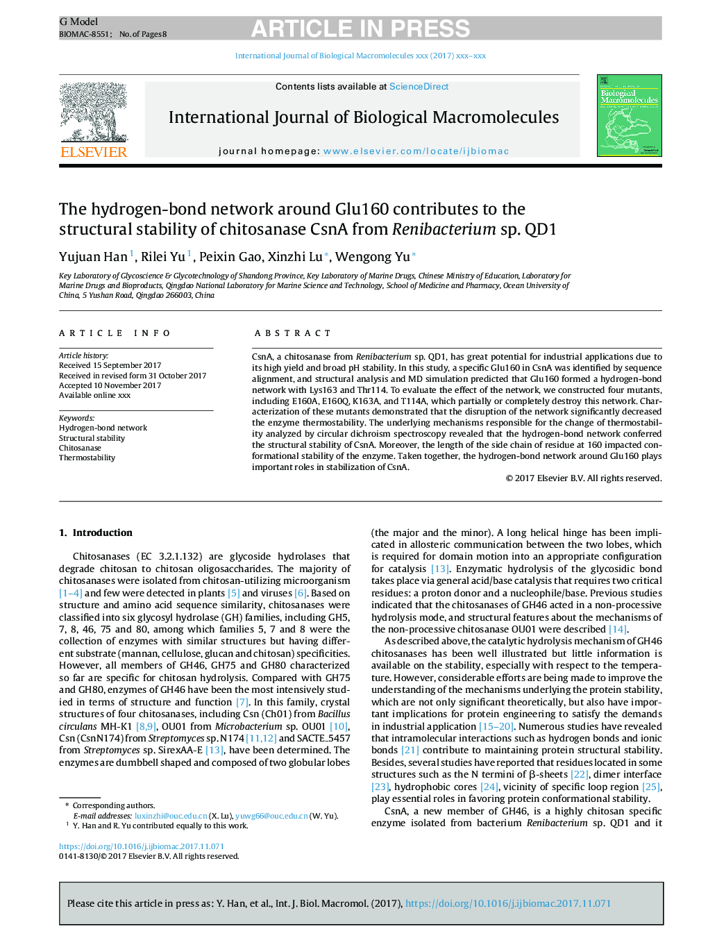 The hydrogen-bond network around Glu160 contributes to the structural stability of chitosanase CsnA from Renibacterium sp. QD1