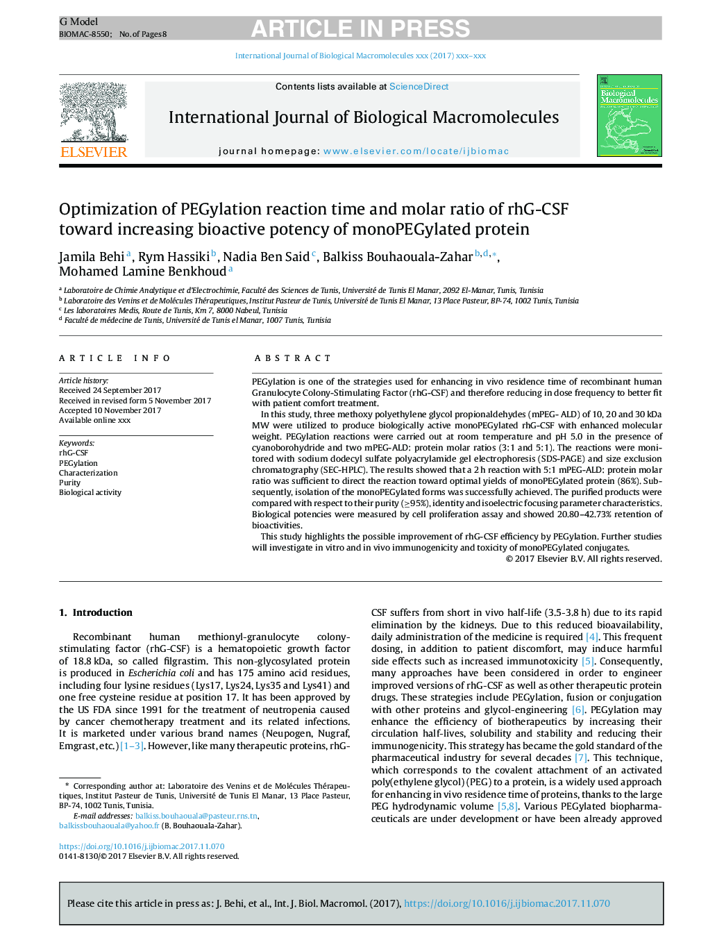 Optimization of PEGylation reaction time and molar ratio of rhG-CSF toward increasing bioactive potency of monoPEGylated protein