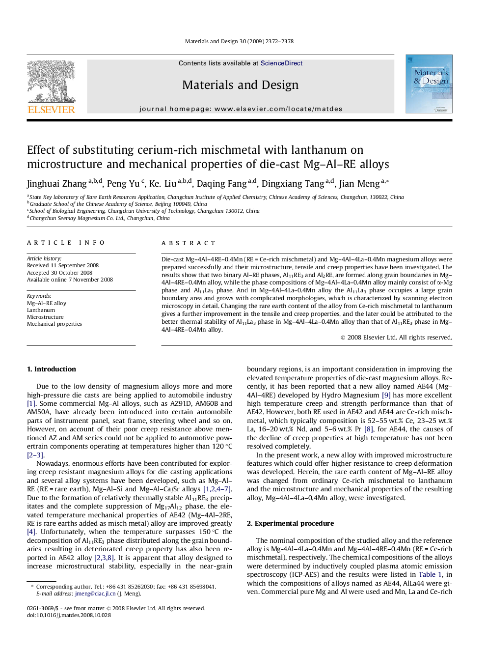 Effect of substituting cerium-rich mischmetal with lanthanum on microstructure and mechanical properties of die-cast Mg–Al–RE alloys